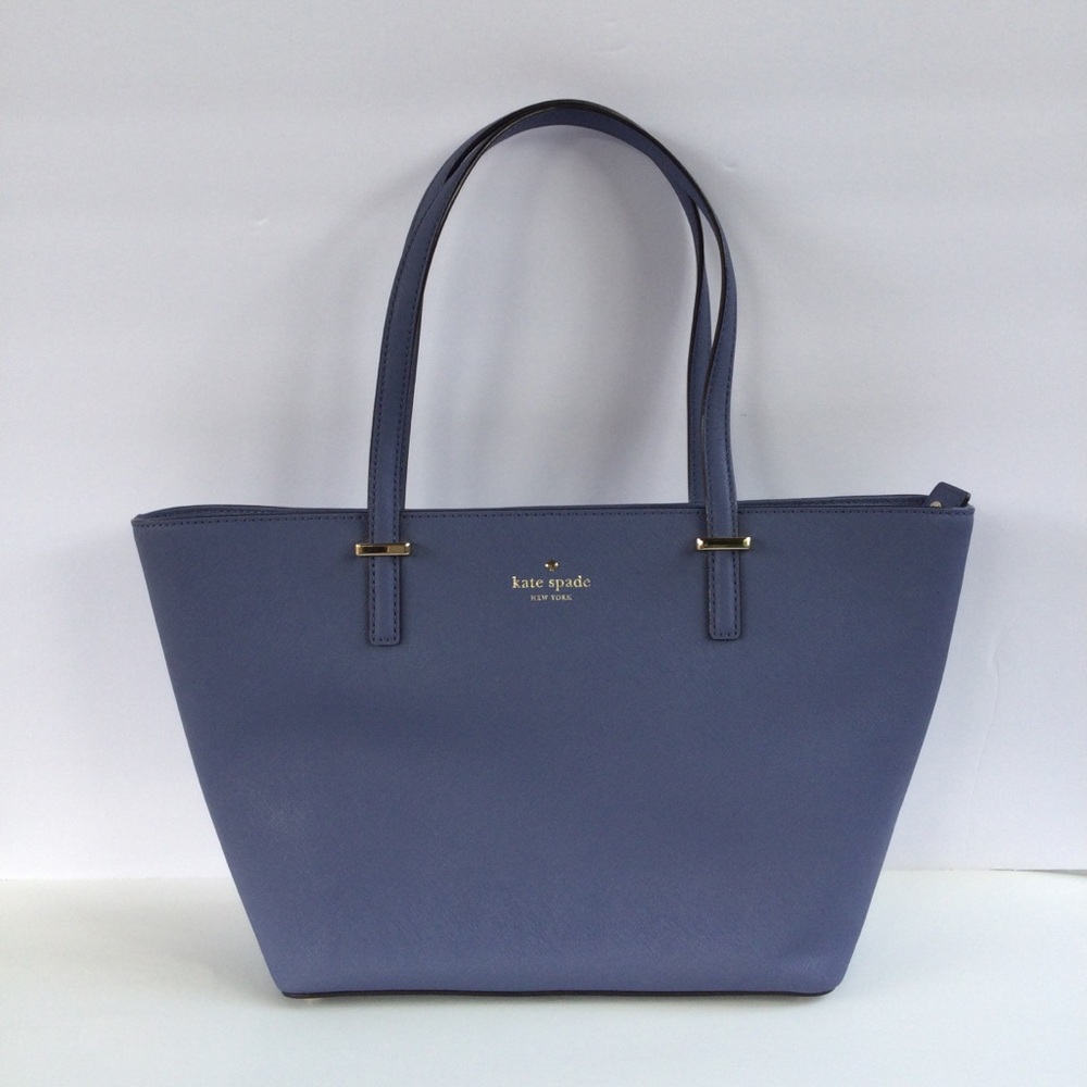 Kate Spade Shoulder Tote Bag Blue Cow Hide Leather Zipper Office Business Casual